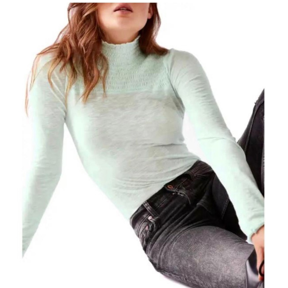 Free People Iced Aqua NWT We The Free  Caroline Smocked Turtleneck long sleeve